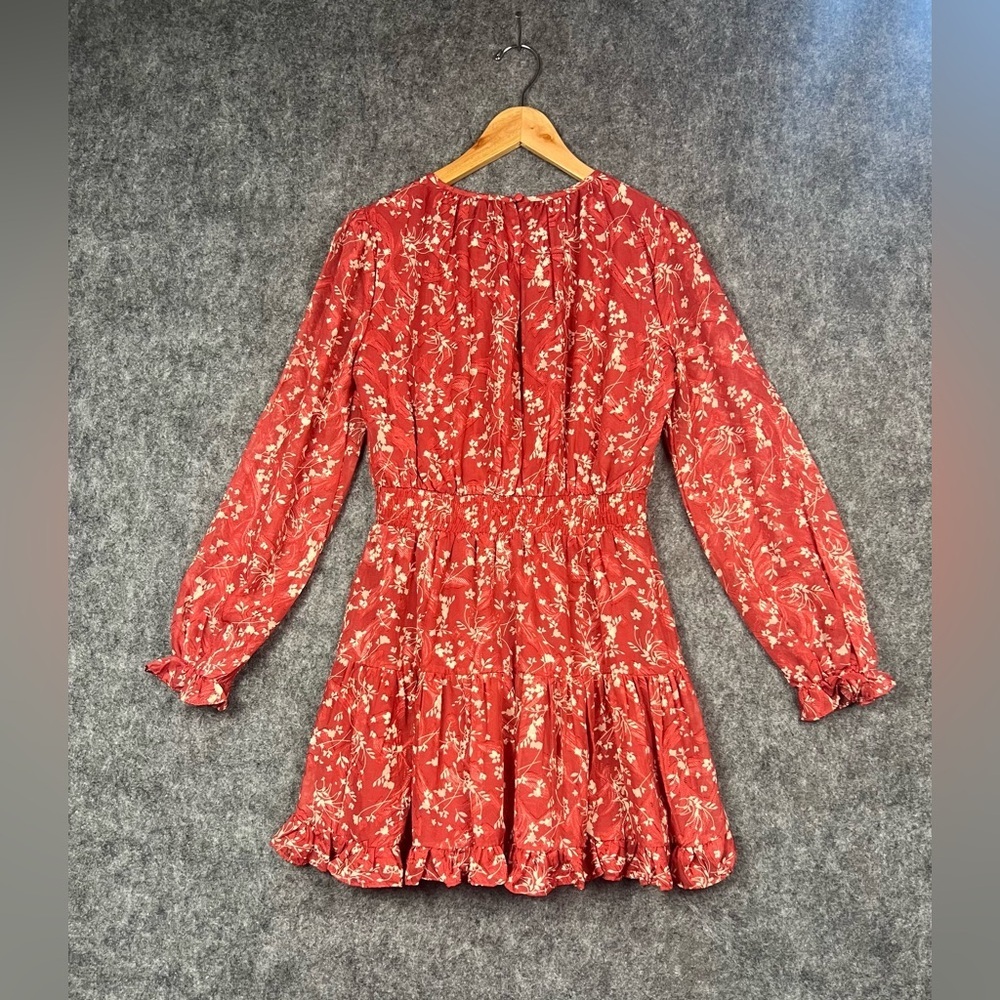 Lulus Floral Smocked Long Sleeve Mini Dress Womens Size S Red - Picture 3 of 12